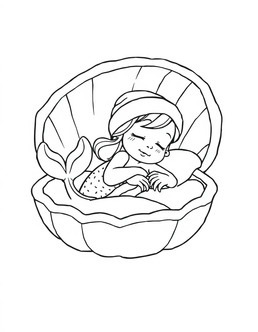 Sleepy merman in a clam shell bed with nightcap
