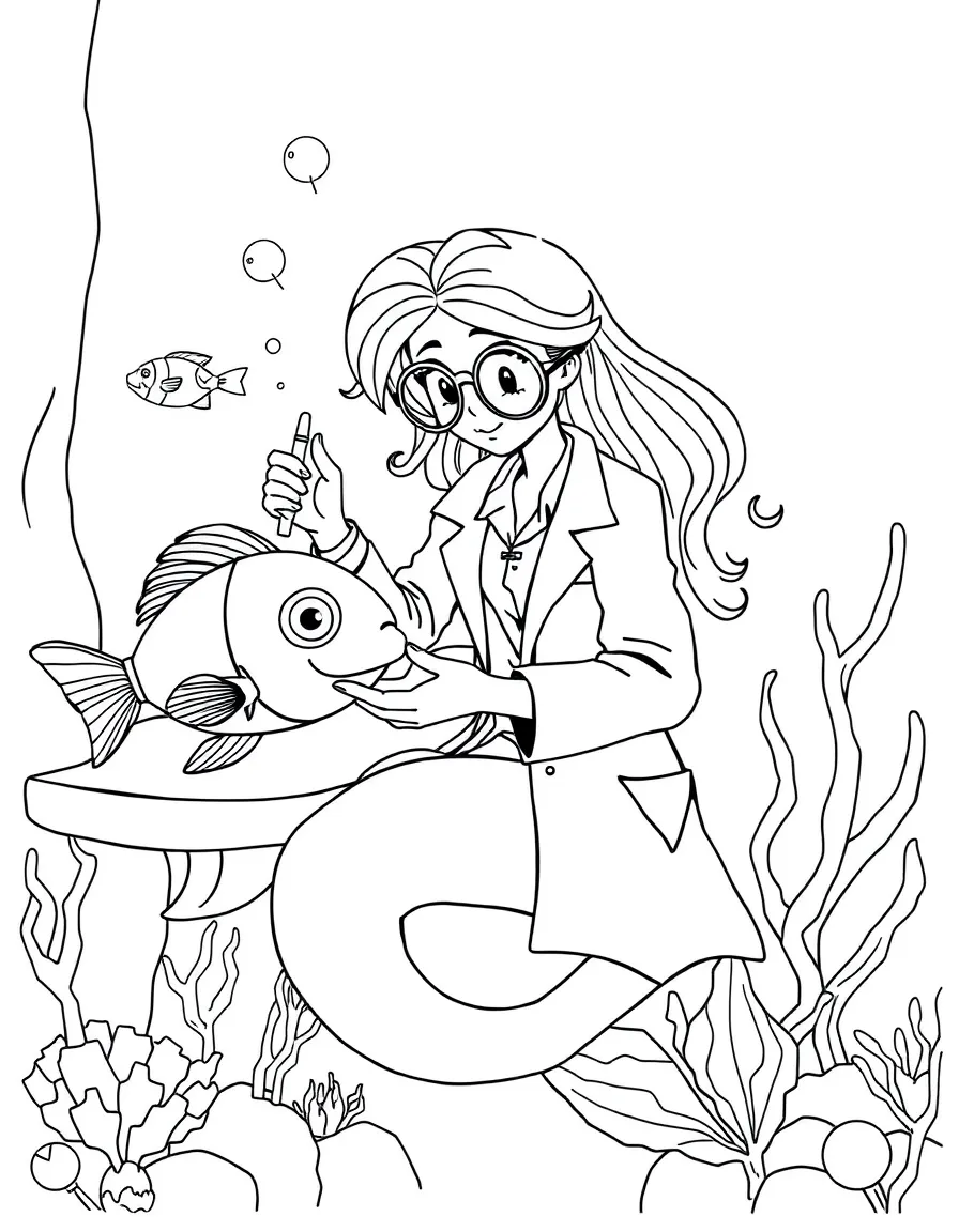 Mermaid scientist in lab coat studying unusual fish