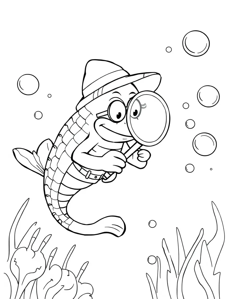 Merman detective with magnifying glass following bubble trails