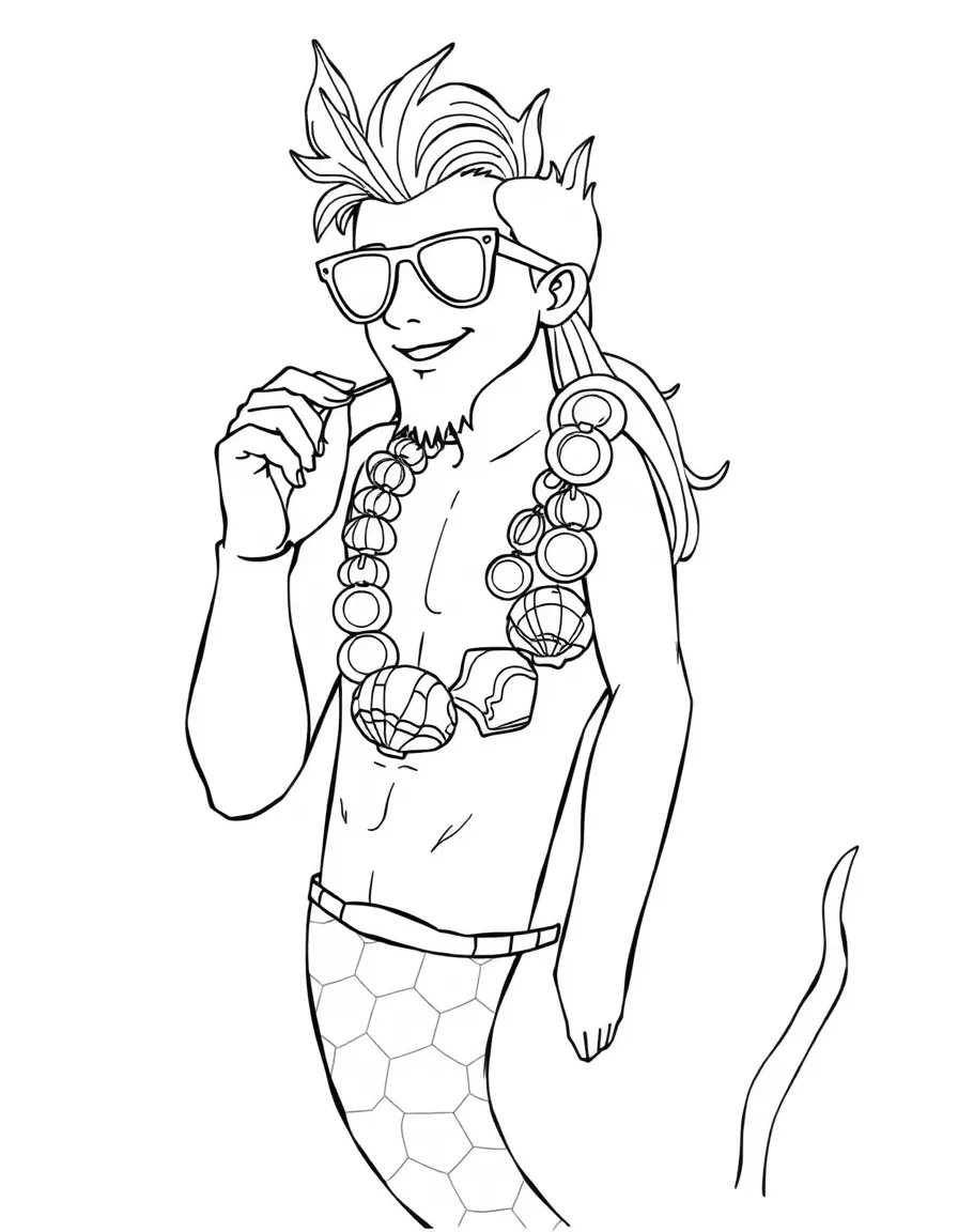 Fashionable merman trying on different shell accessories
