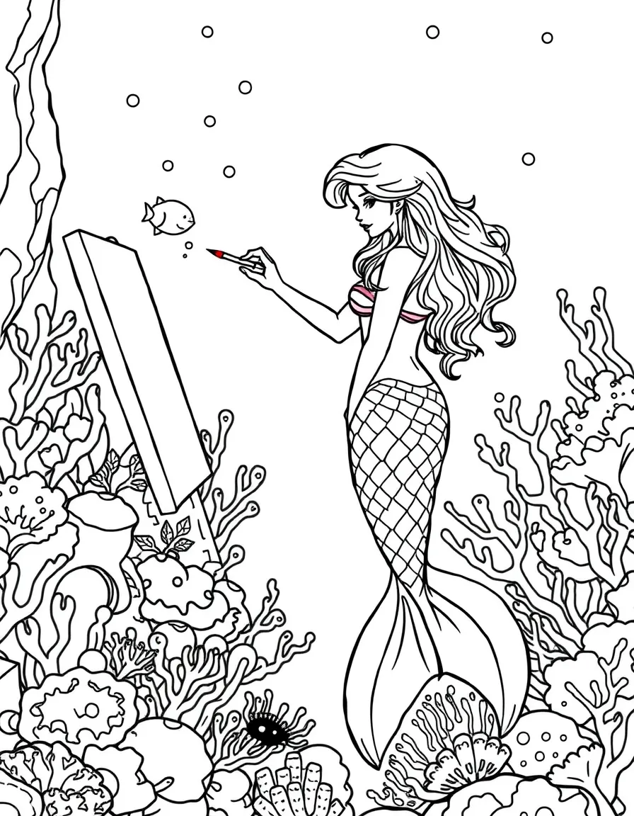 Mermaid artist painting underwater coral landscapes
