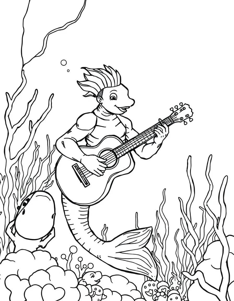 Merman musician playing a shell-guitar to fish audience