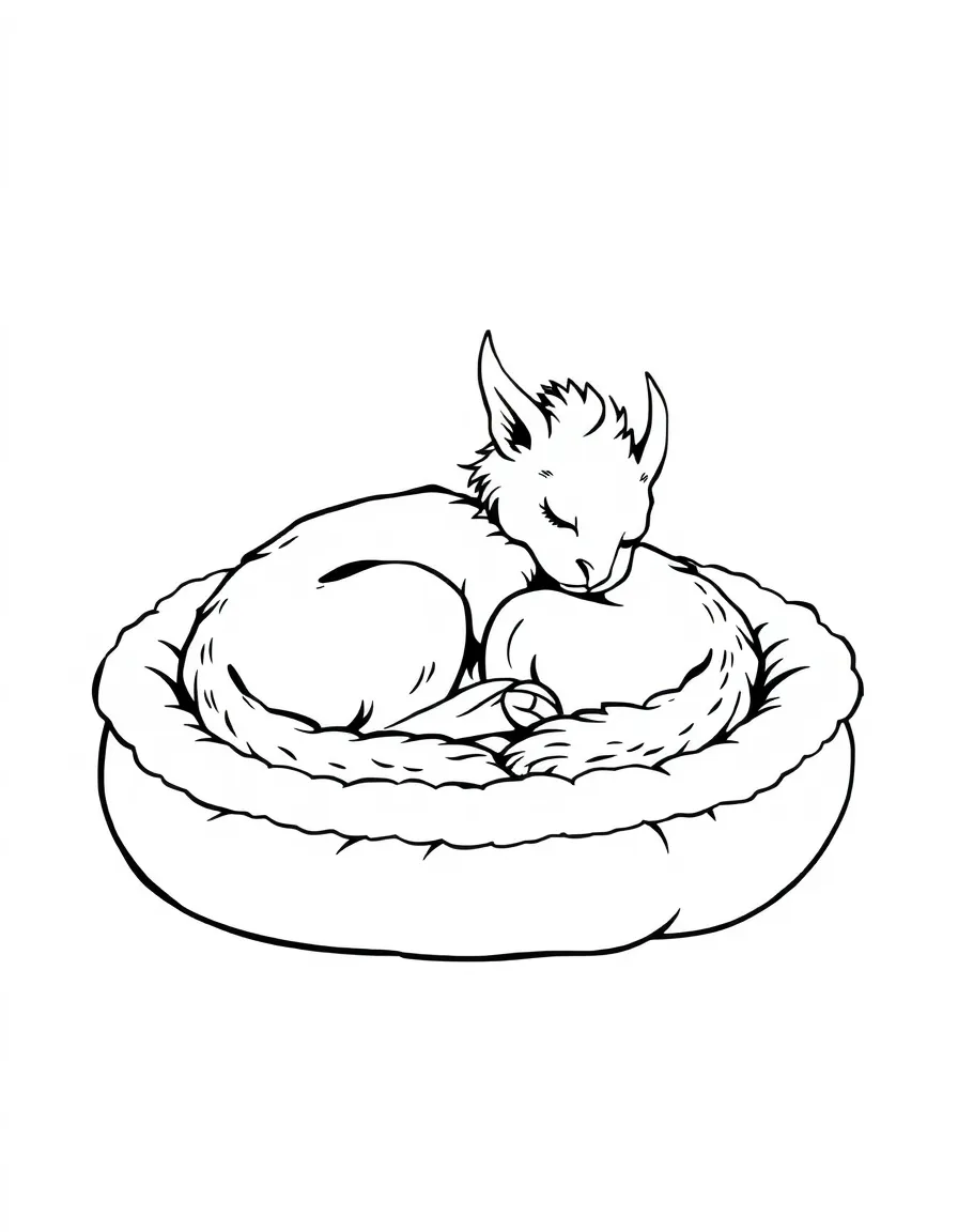 Sleepy griffin curled up in a cat bed that's too small