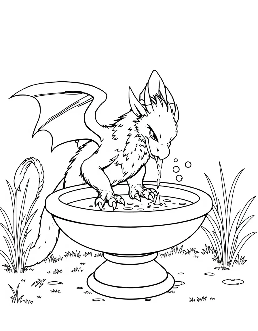 Griffin trying to fit into a bird bath for a wash