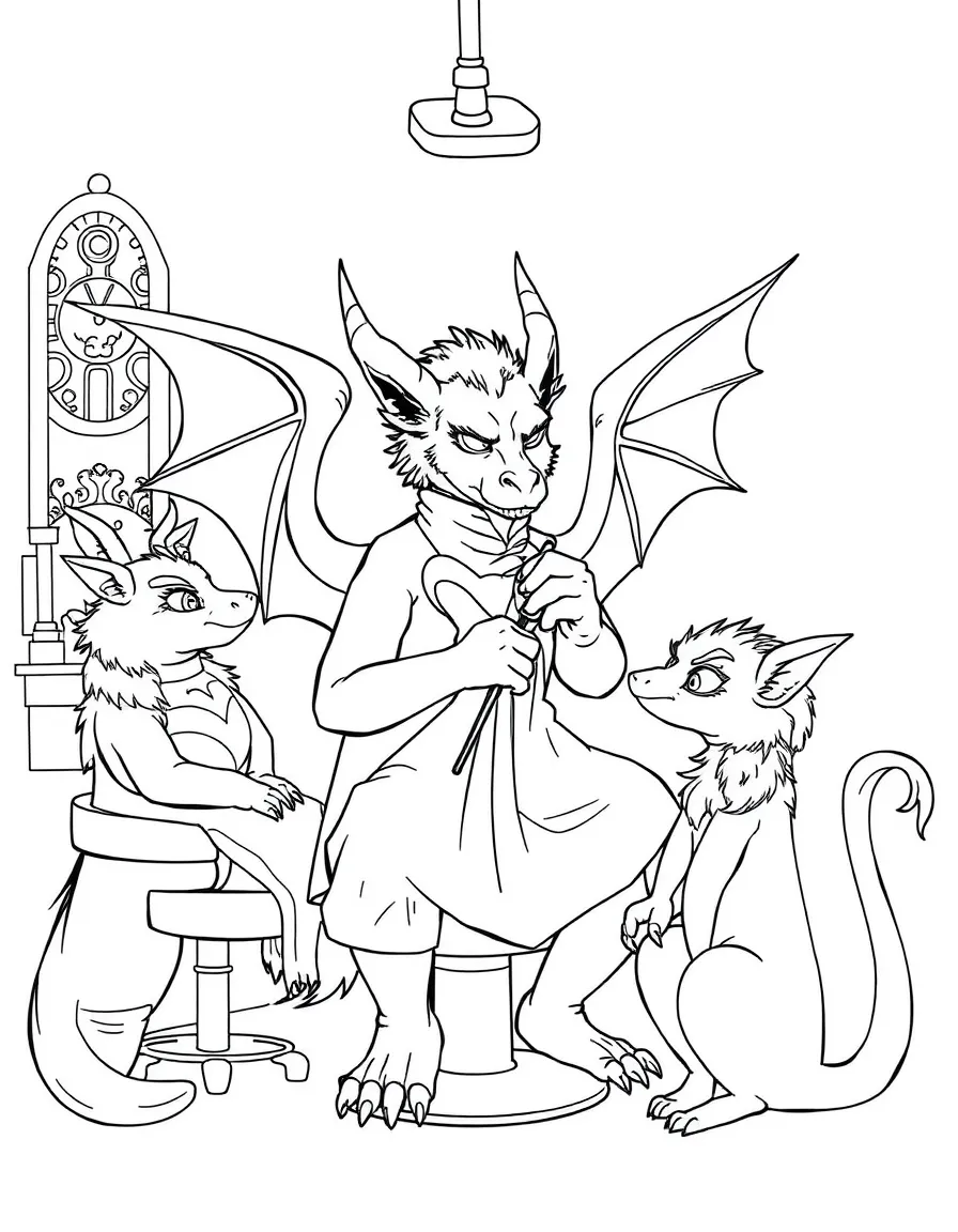 Griffin barber giving haircuts to other magical creatures