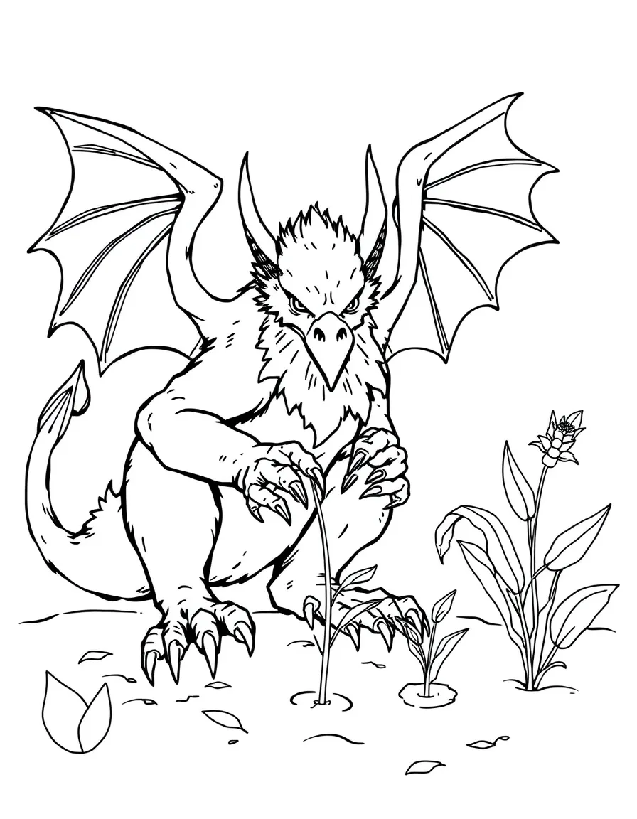 Griffin gardener planting seeds with its eagle claws