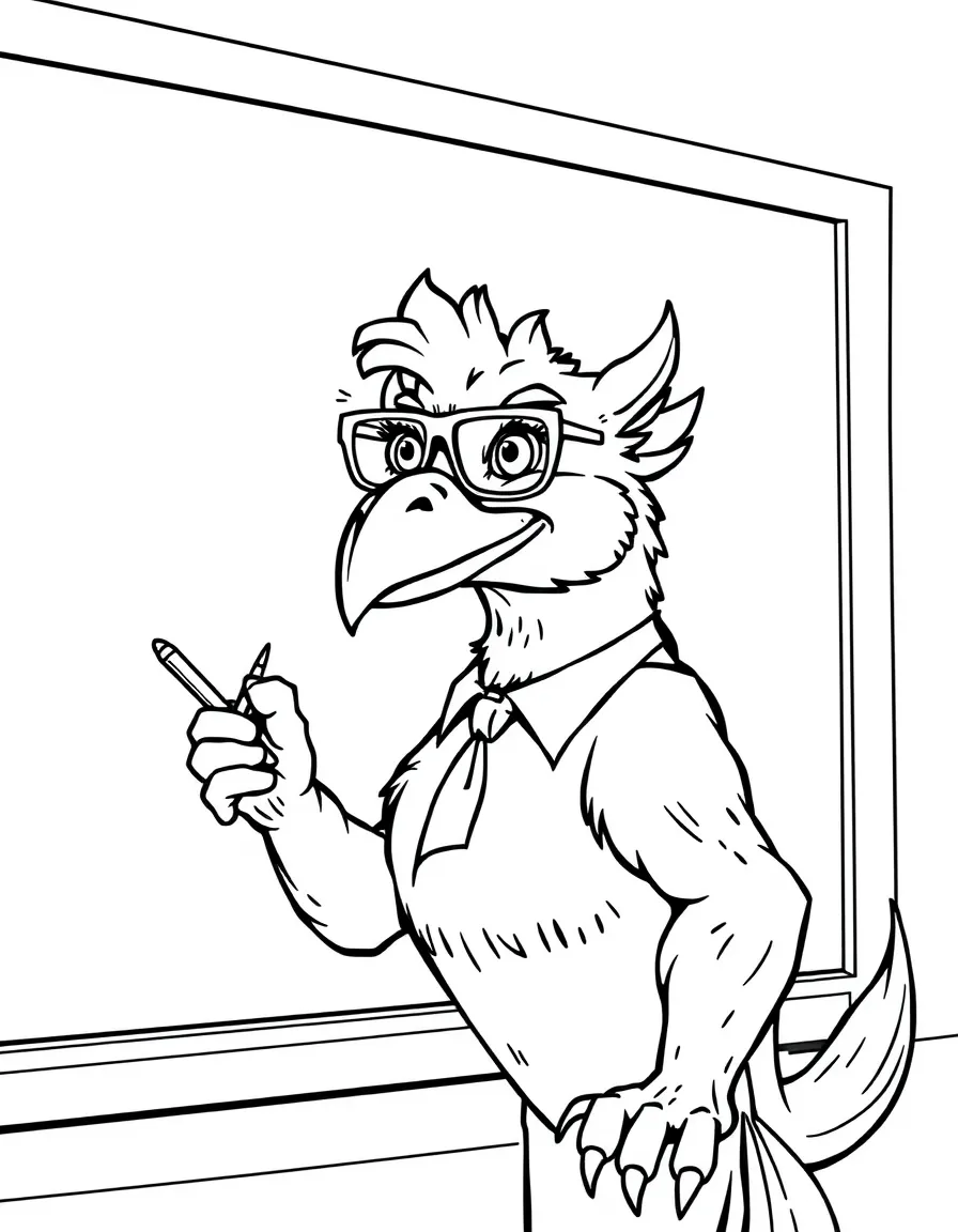 Griffin teacher at a blackboard with glasses perched on beak