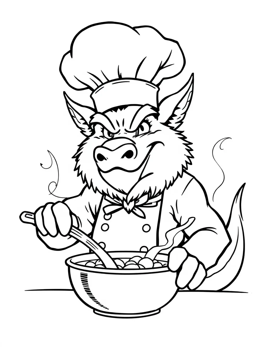 Griffin chef with oversized chef hat cooking stew