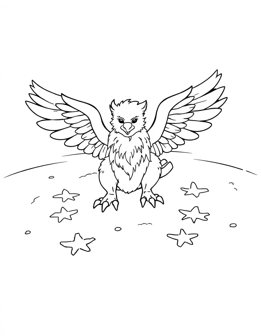 Winter griffin making snow angels with wings and paws