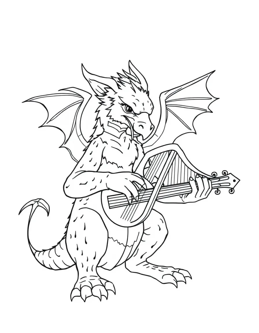 Griffin musician playing tiny harp with its claws