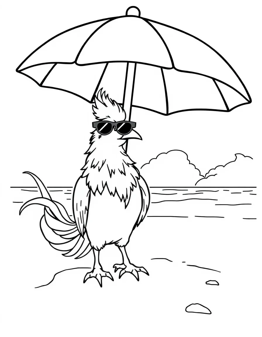 Phoenix wearing sunglasses at the beach under an umbrella