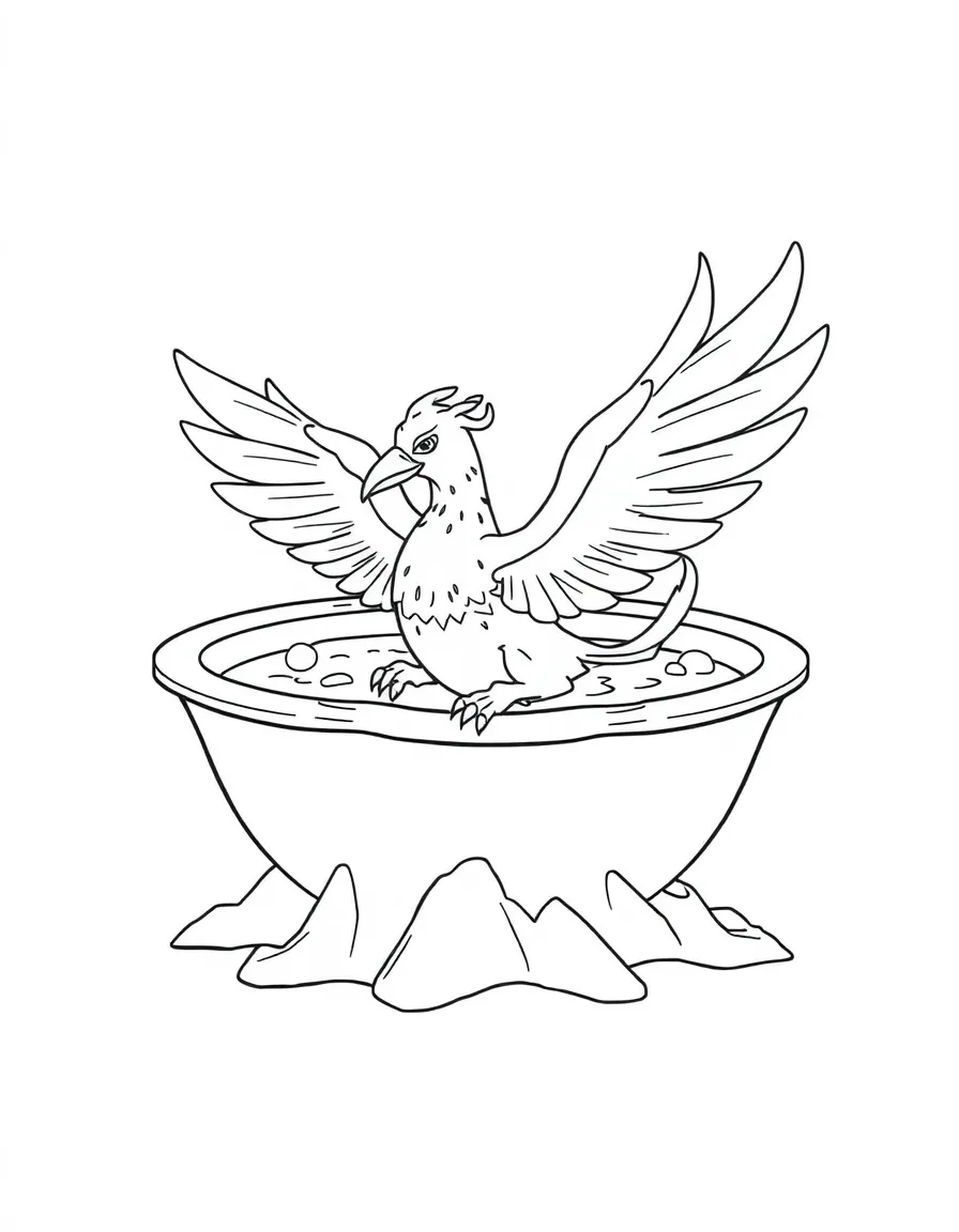 Phoenix having a bath in a volcano-shaped tub