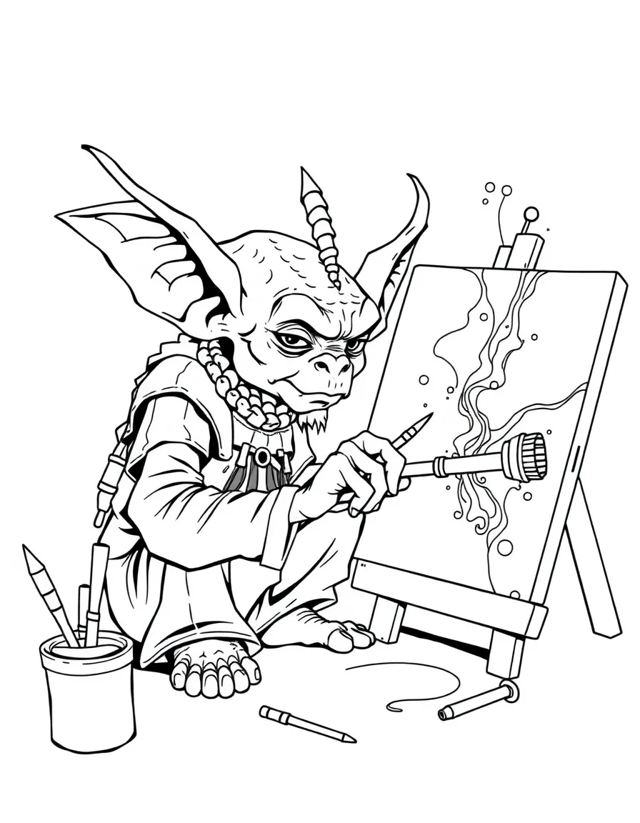 Goblin artist painting abstract art with unusual tools