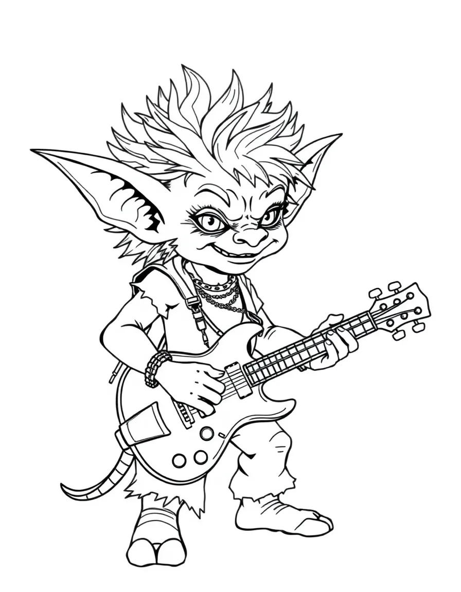 Rockstar goblin with wild hair playing homemade guitar