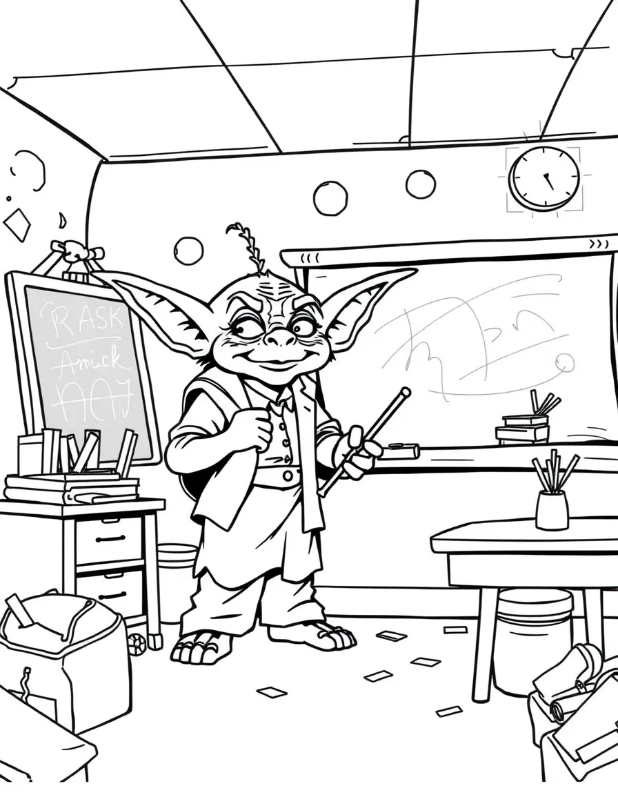 Goblin teacher with messy classroom and chalkboard
