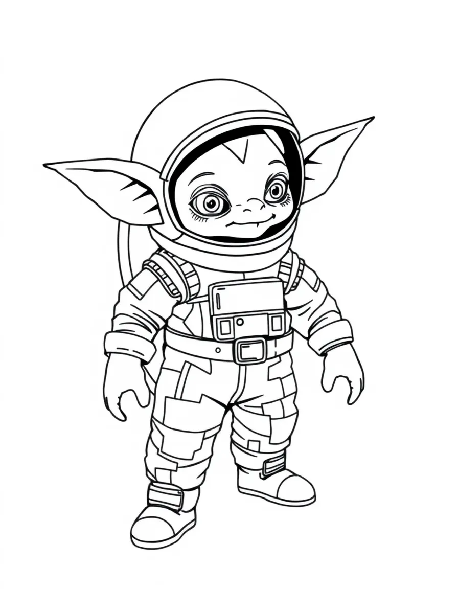 Goblin astronaut in patched-together space suit