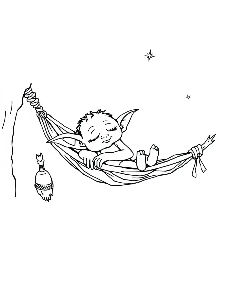 Sleepy goblin in a hammock made of odd materials