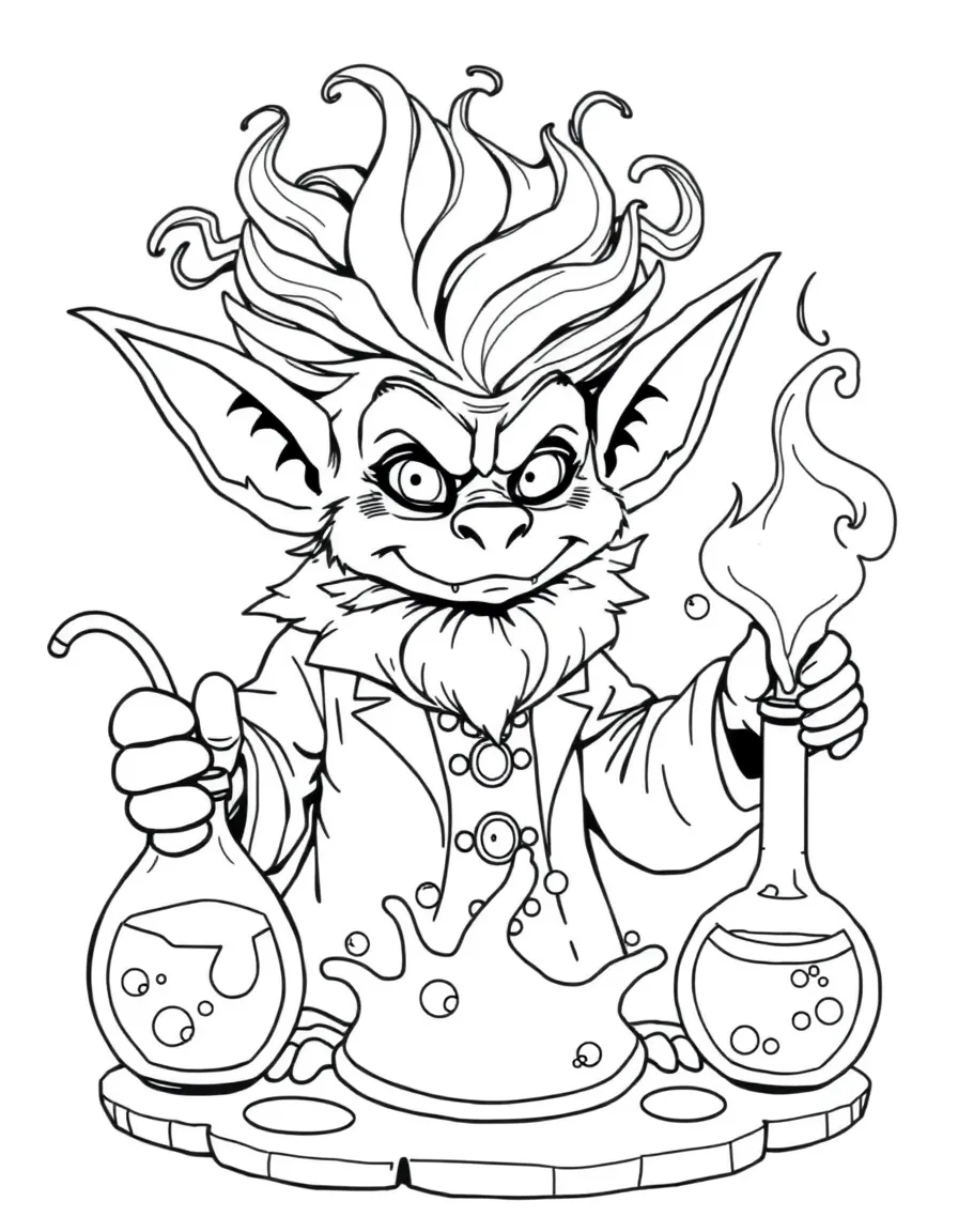 Goblin scientist with bubbling potions and mad hair