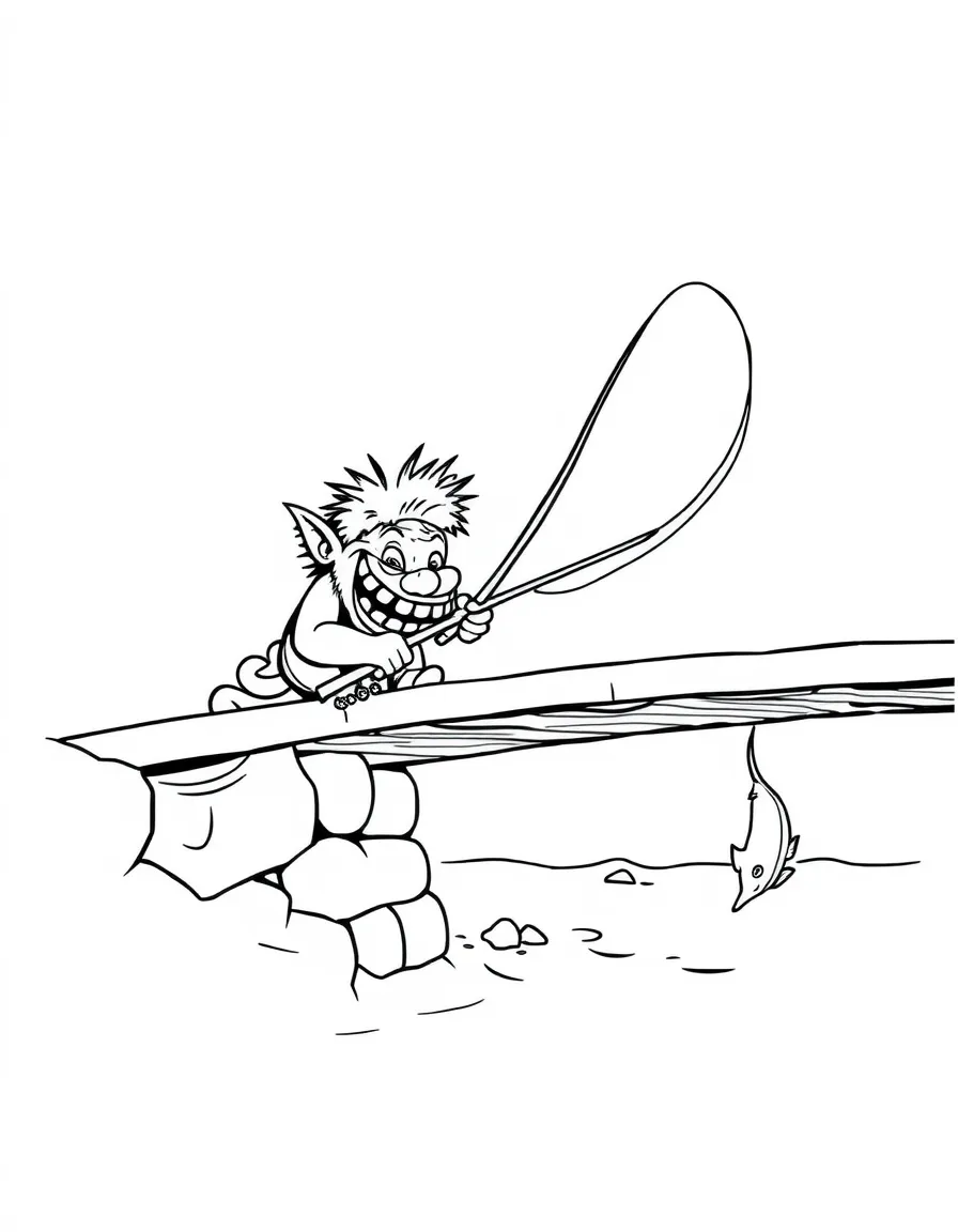 Bridge troll with fishing rod trying to catch fish