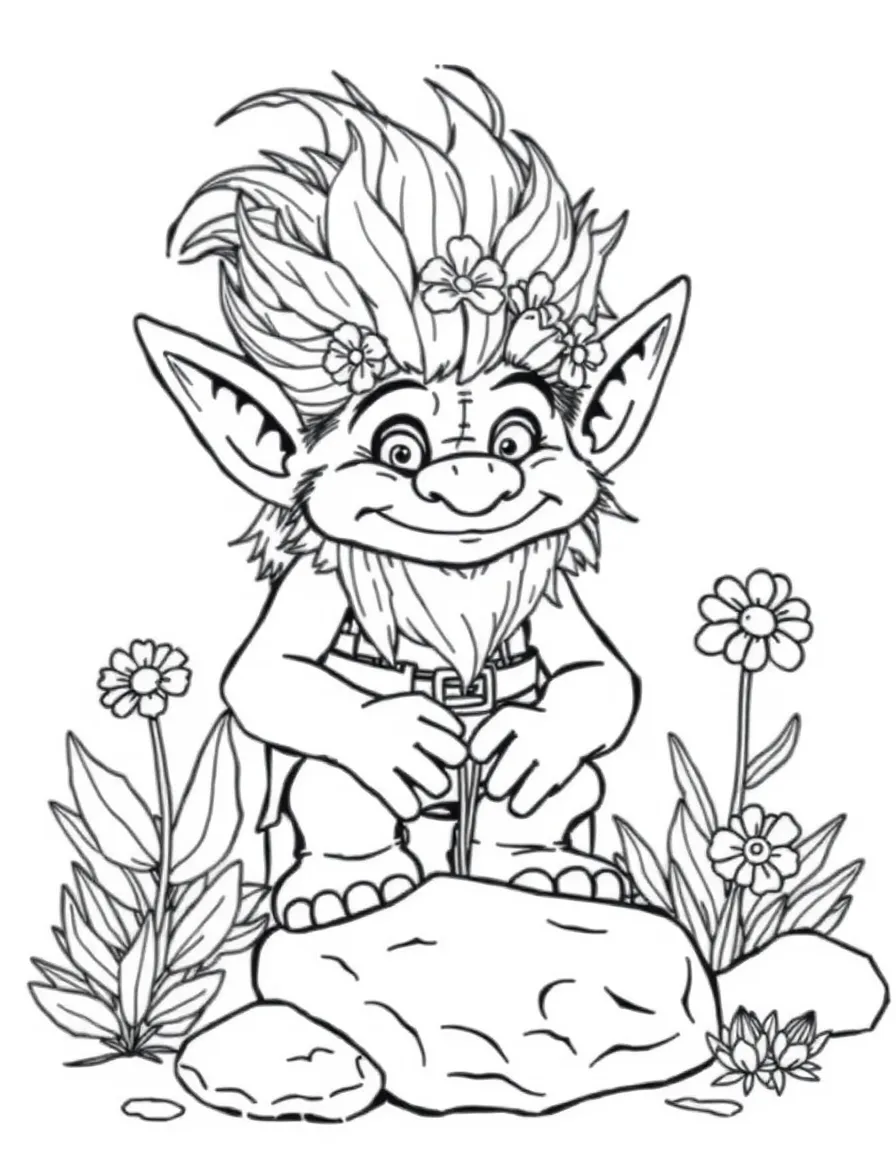 Gardener troll growing rock gardens with hair flowers