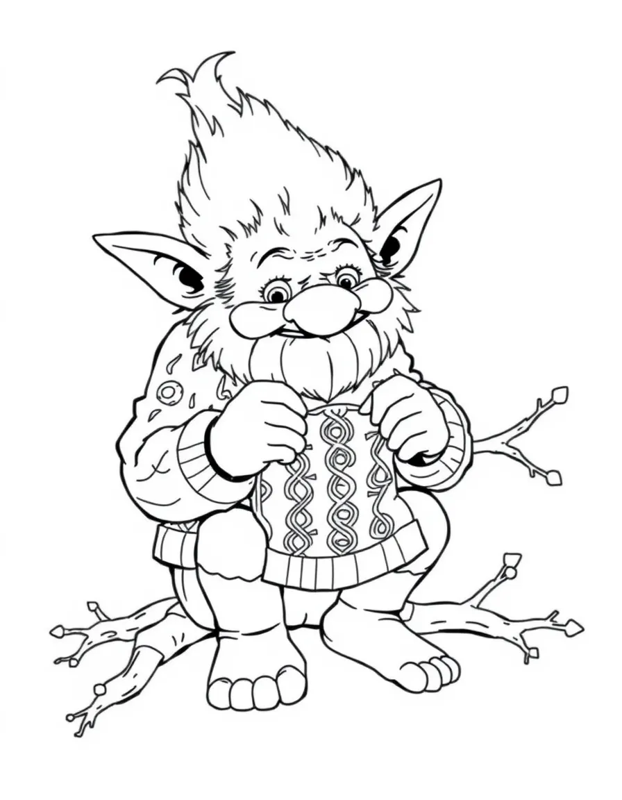Troll knitting a sweater with tree branches as needles