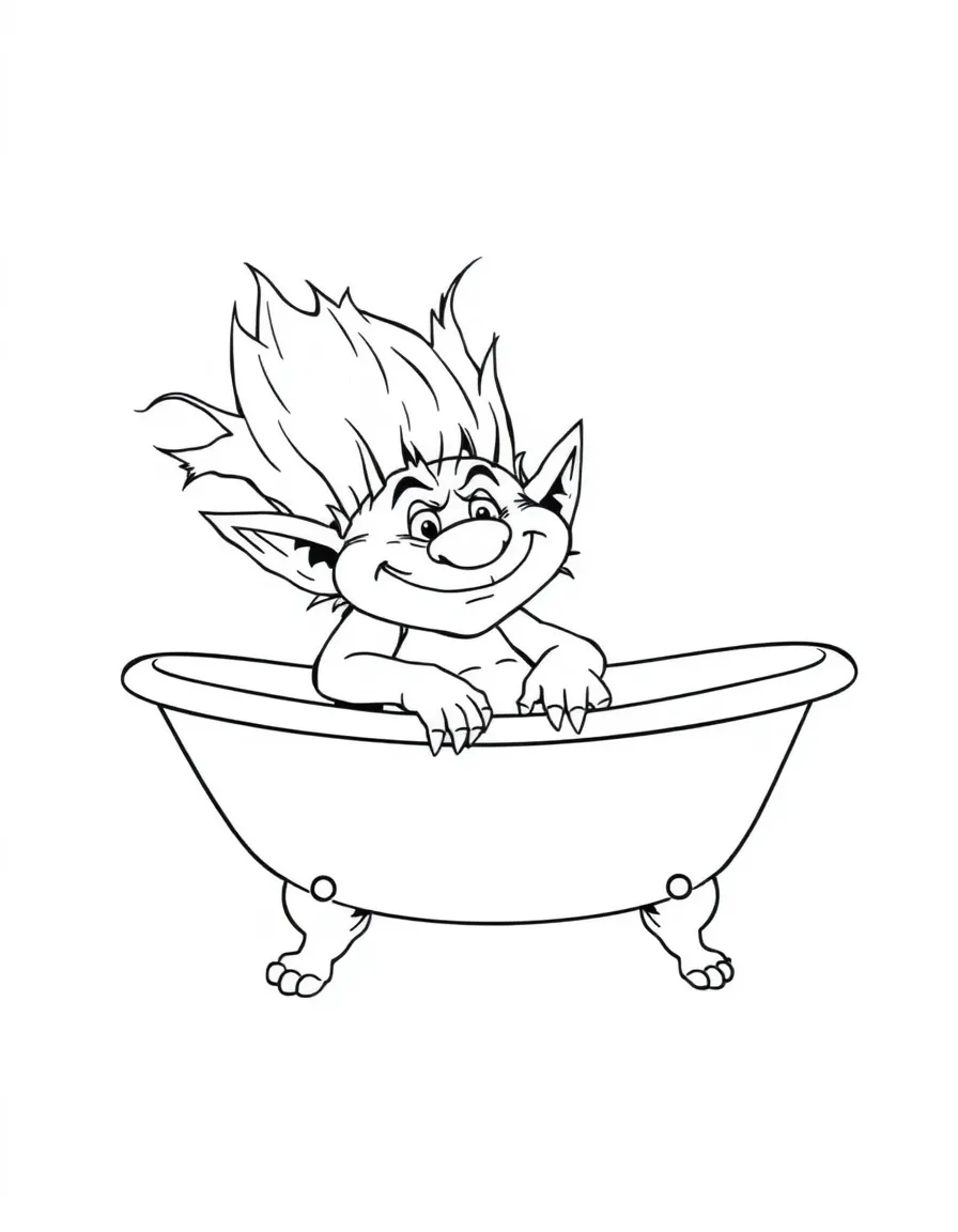 Troll trying to fit into too-small bathtub