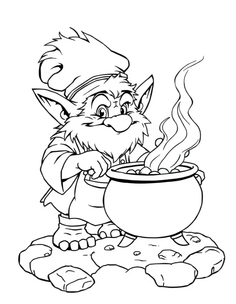 Chef troll making stone soup in a cauldron