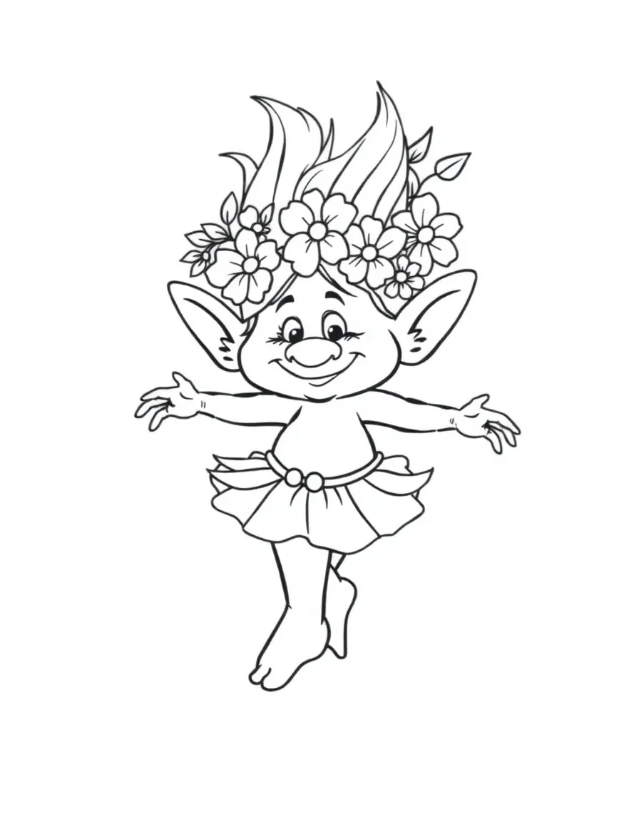 Troll wearing flowers in its hair doing ballet poses