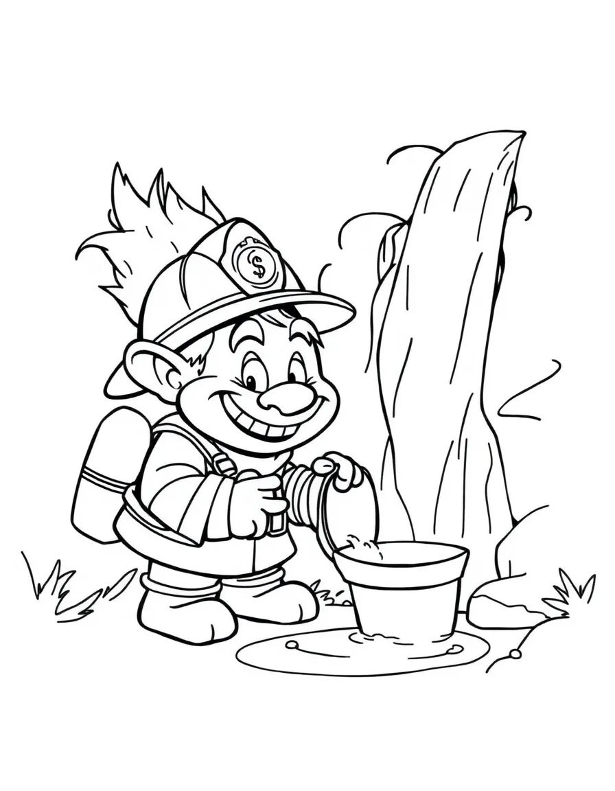 Troll firefighter using waterfall to fill bucket
