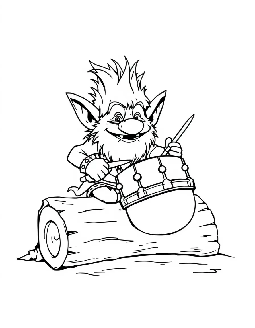 Musician troll playing drums on hollow logs