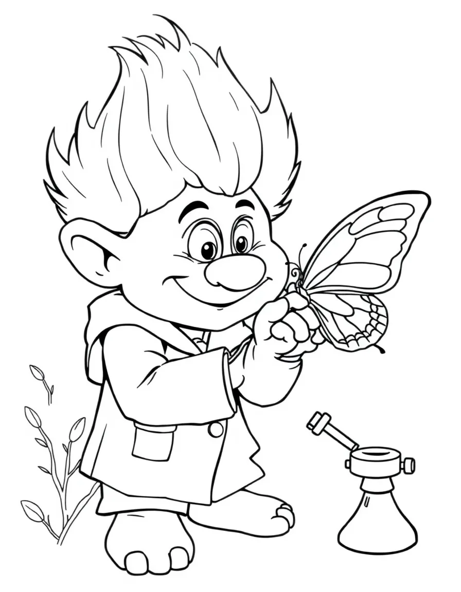 Troll scientist studying butterfly with gentle touch