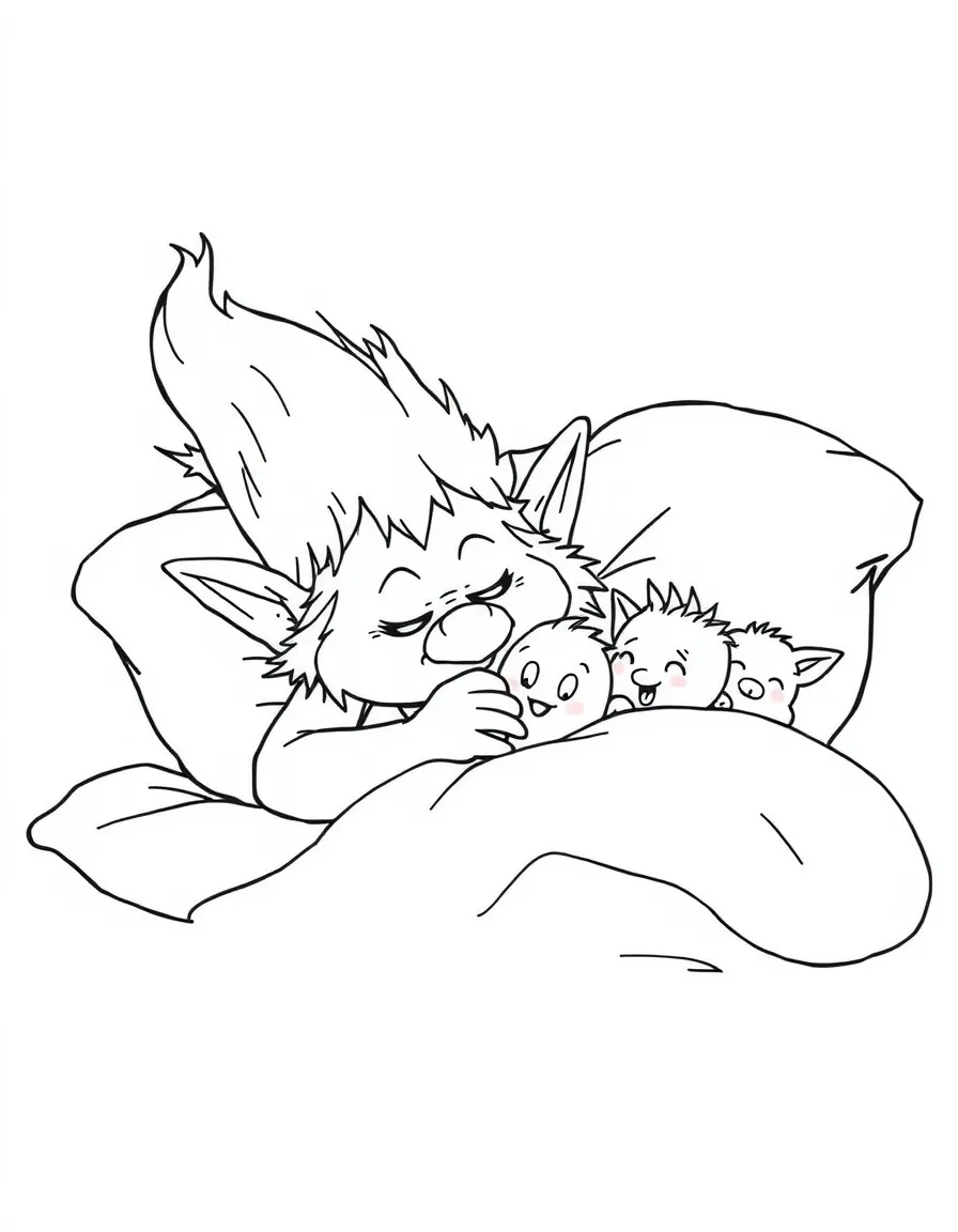 Sleepy troll tucking tiny creatures into bed