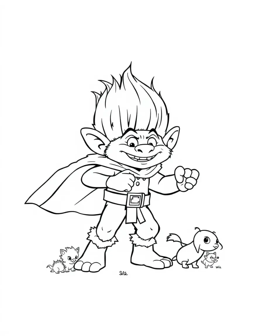 Troll superhero with moss cape saving small animals