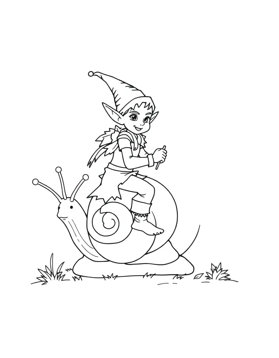 Gardener elf riding a snail like a horse