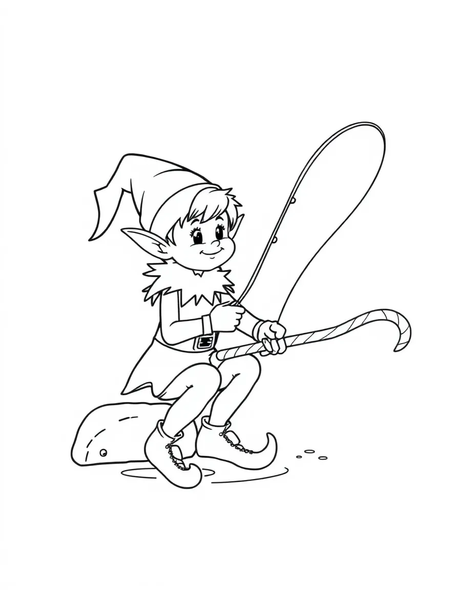 Elf fishing with a candy cane fishing rod