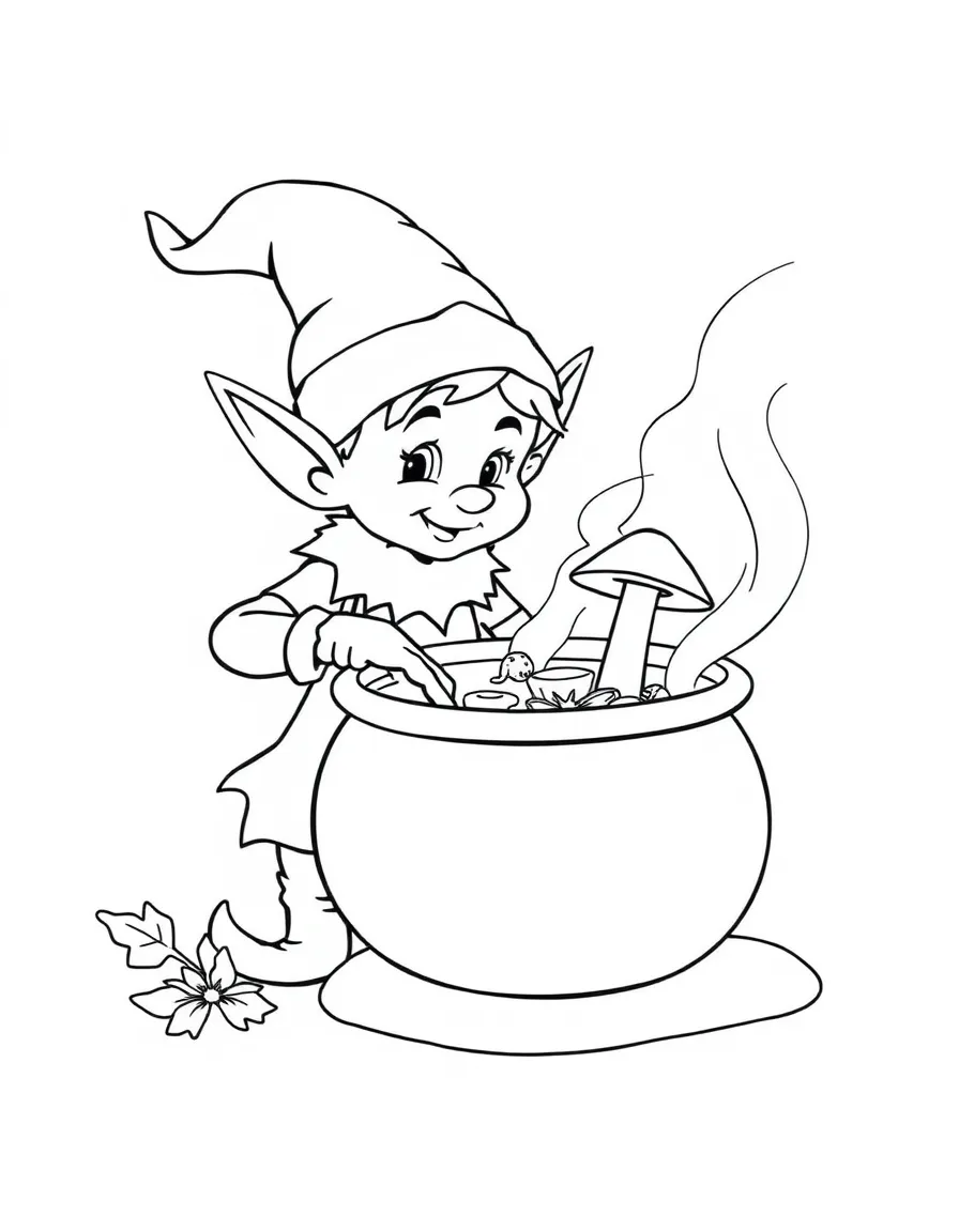 Chef elf cooking mushroom soup in acorn pot