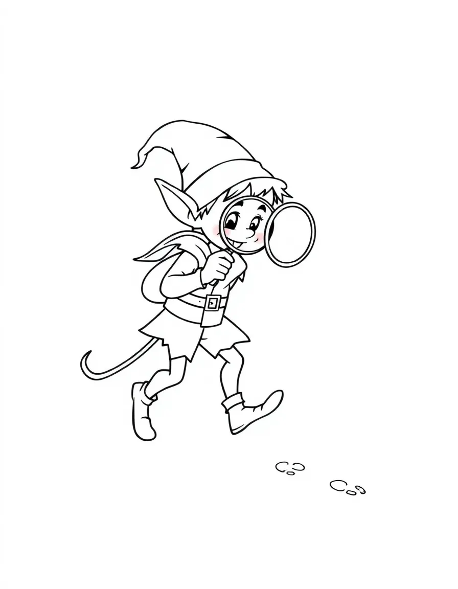 Elf detective with magnifying glass following footprints