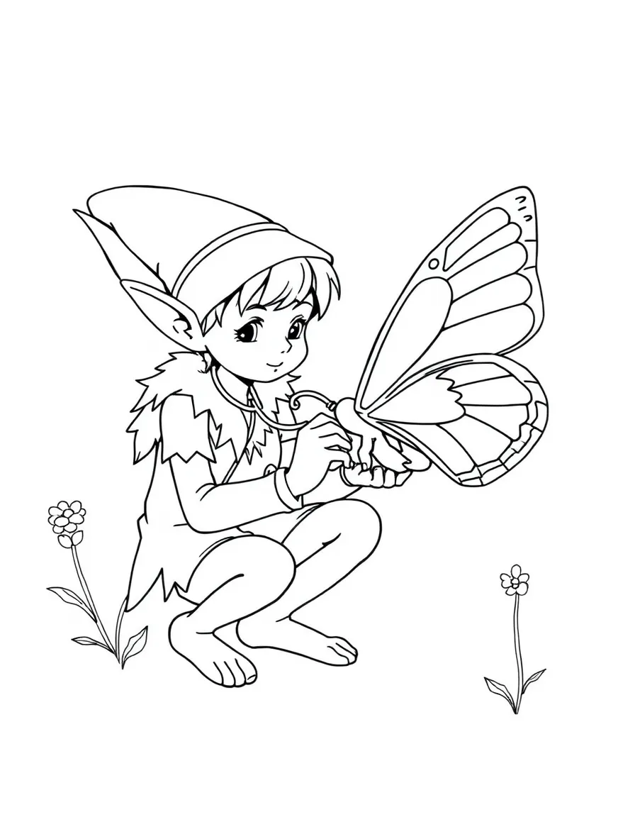Elf doctor treating a wounded butterfly