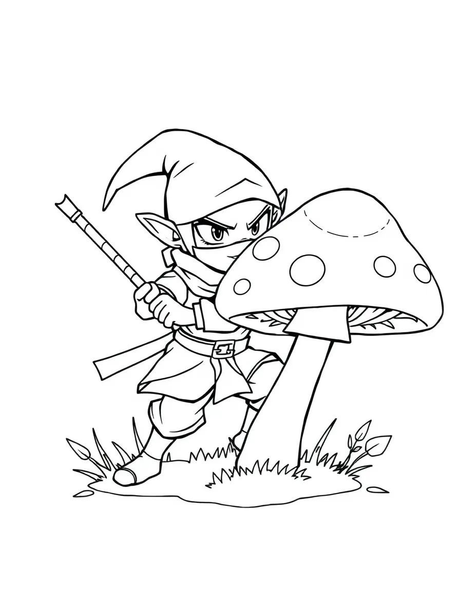 Ninja elf practicing stealth moves behind a mushroom