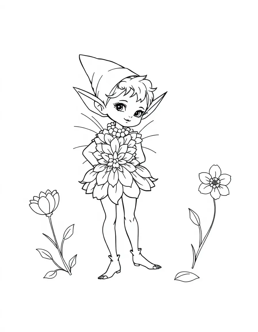 Fashion designer elf creating outfits from flower petals