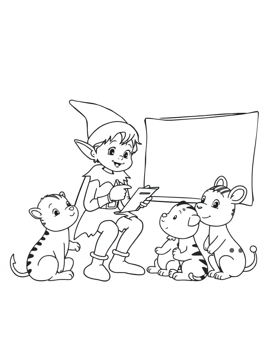 Teacher elf giving lessons to baby animals