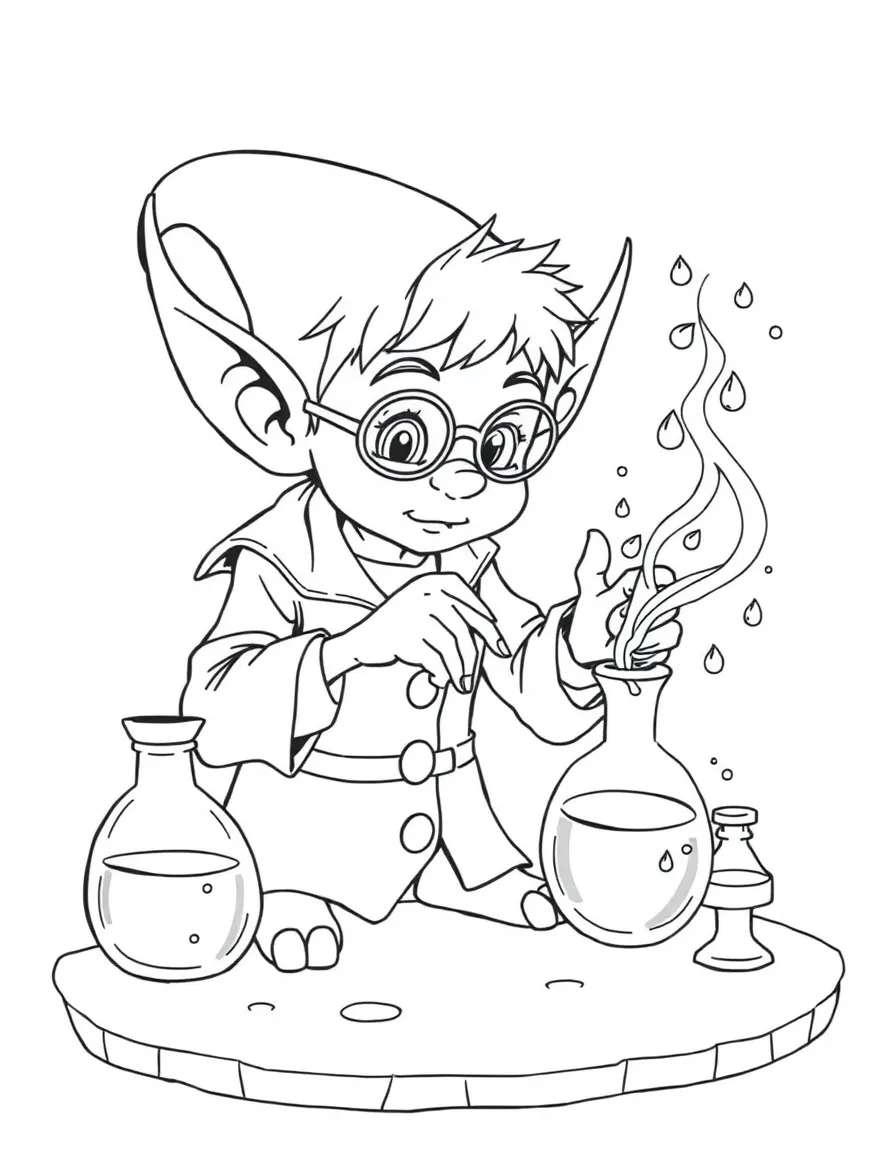 Scientist elf mixing dewdrop potions