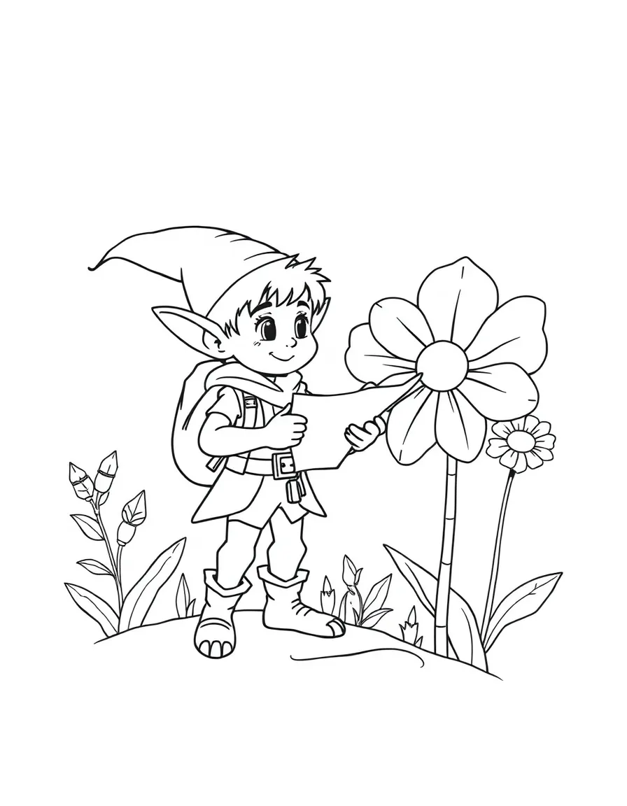 Explorer elf with map and compass discovering a new flower
