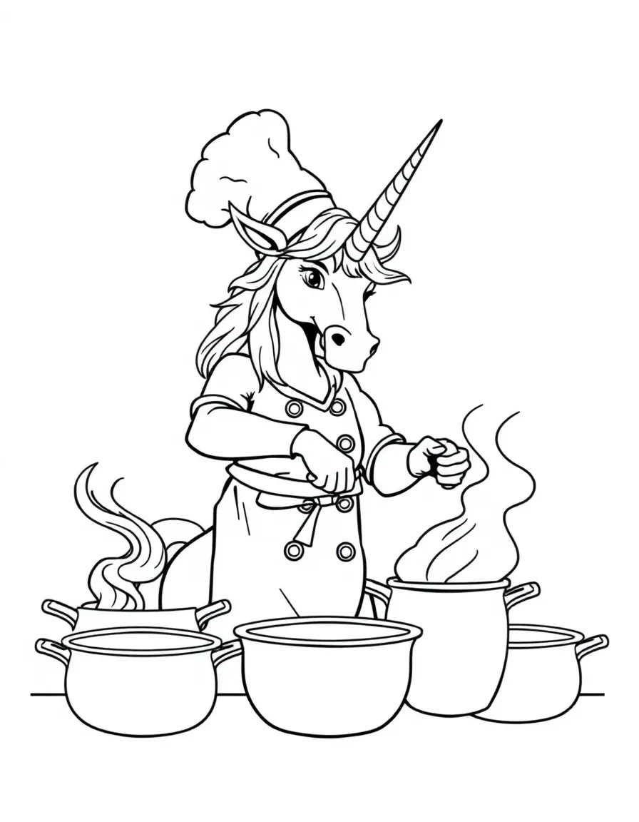 Centaur chef in tall hat stirring multiple pots
