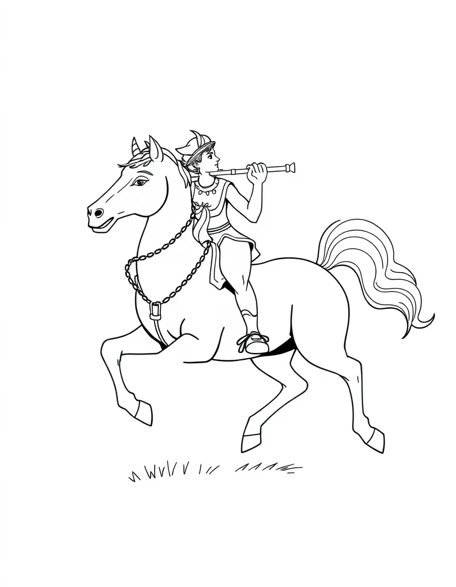 Centaur musician playing flute while trotting