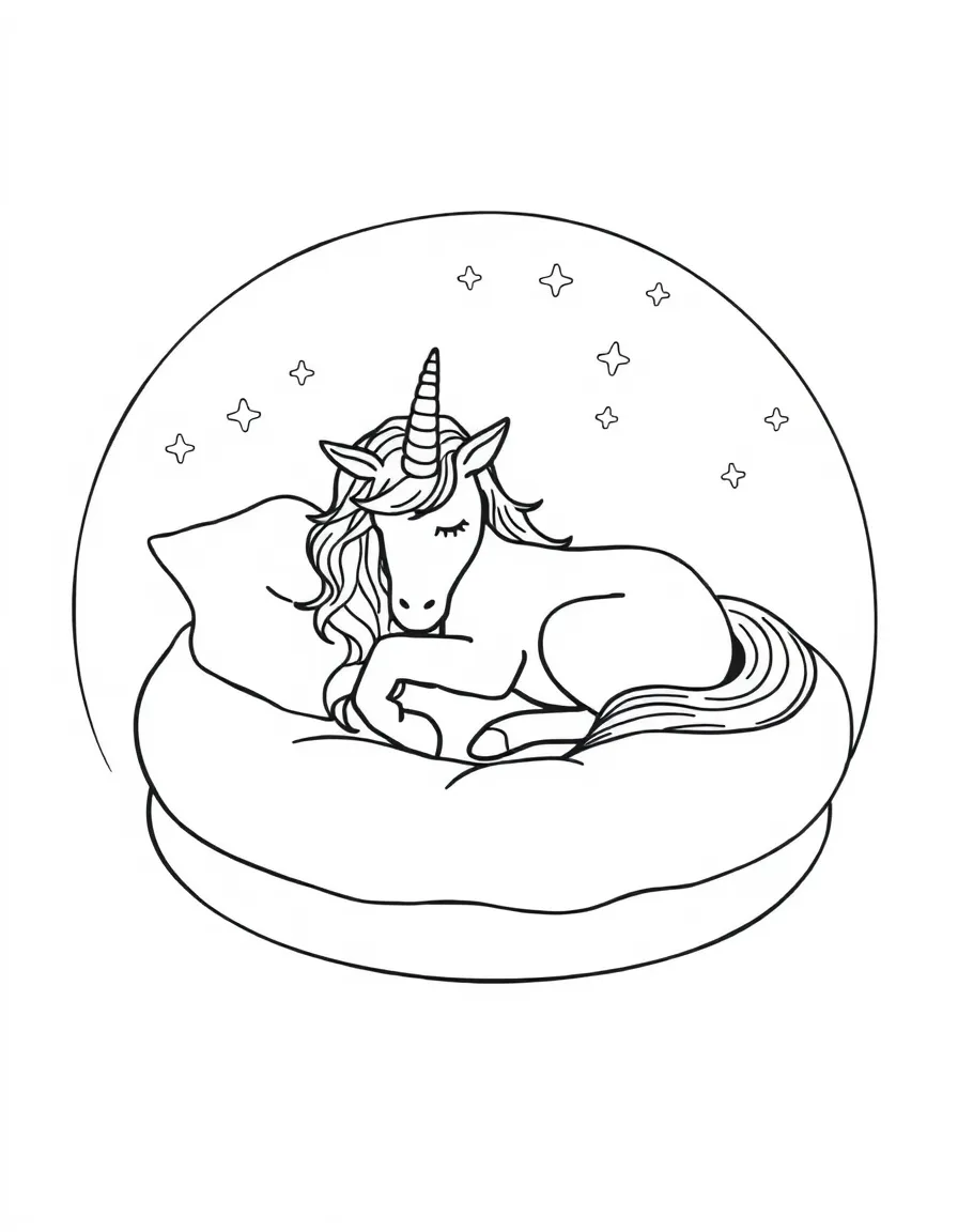 Sleepy centaur in a round bed curled up like a cat