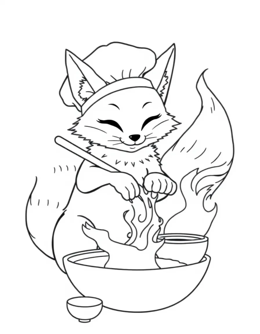 Baker kitsune using tails to mix multiple bowls