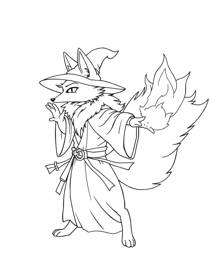Kitsune wizard casting spell with glowing tail tips