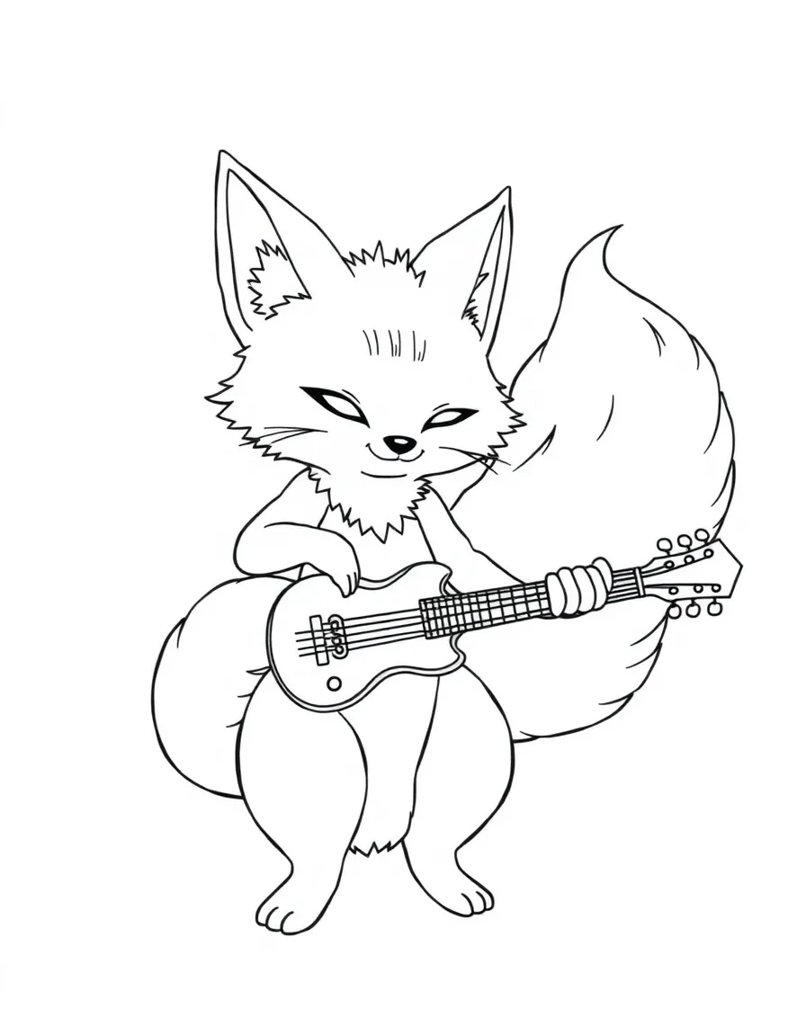 Kitsune musician playing multiple instruments with its tails