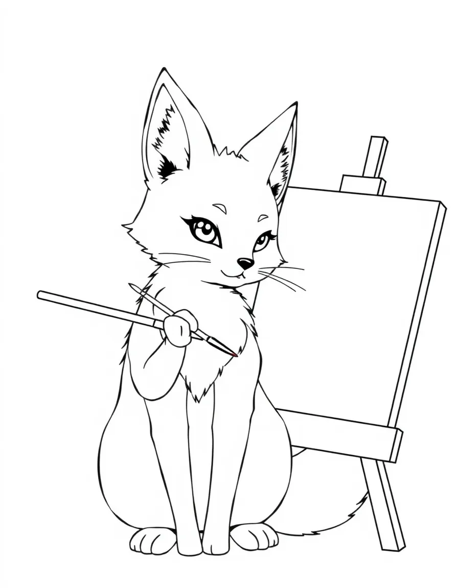 Artist kitsune painting with brushes held by different tails